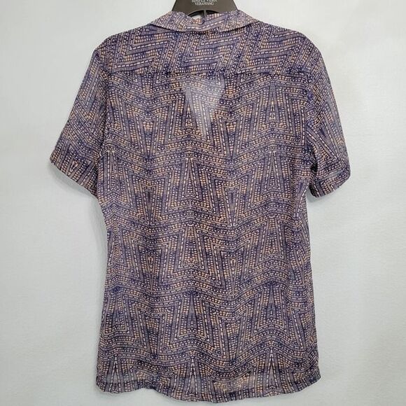 ASOS Design Sheer Button Up Shirt Short Sleeve Blue Pink Abstract Camp Collar MD - Picture 2 of 7